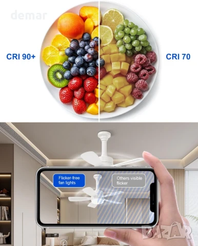 Таванен вентилатор VARICART с осветление и дистанционно управление, 2000LM LED, цокъл Е27, бял, снимка 6 - Лед осветление - 50594343