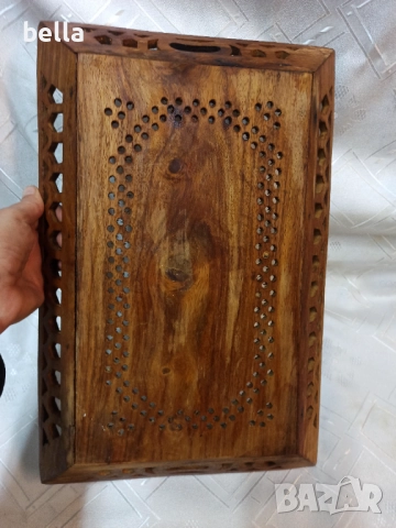 Стар дървен поднос ,дърворезба с орнаменти ,размери 38/25/4 см.Цена 80 лв, снимка 5 - Антикварни и старинни предмети - 52263858
