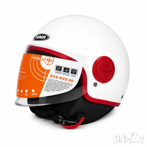 Отворена мото каска YEMA ECE R22.06 бяло и червено