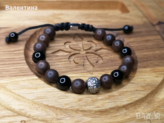 Мъжка/дамска гривна от естествени камъни оникс, дърво и сребърни елементи, снимка 1