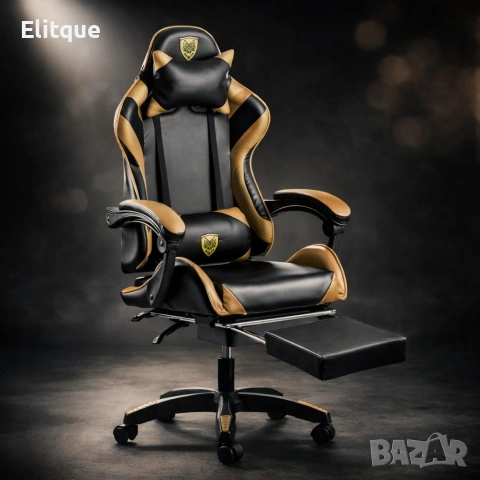 Черен геймърски стол с златисти акценти и разтегляема поставка за крака 