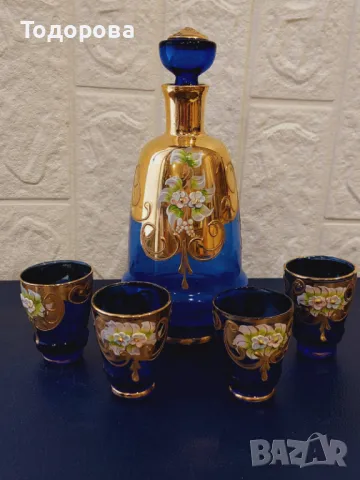 Сет за ликьор-италианско синьо стъкло с ръчно рисуван емайл, снимка 1