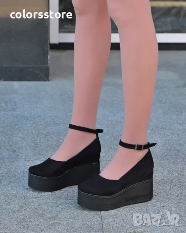 Обувки на платформа - черен велур с черно ходило - 125K