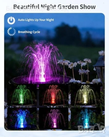 Нов Градински соларен фонтан 8W LED батерия 8 дюзи за езерце поилка, снимка 4 - Други - 54150780