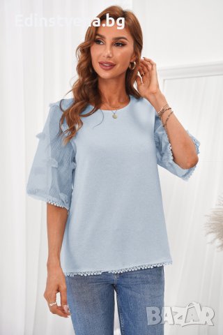 Дамска блуза с ефектни къси ръкави в синьо, снимка 2 - Корсети, бюстиета, топове - 39993964