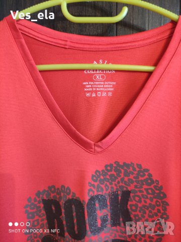 Червена тениска с остро деколте и цветна щампа Rock Queen размер S  , снимка 2 - Тениски - 31915077
