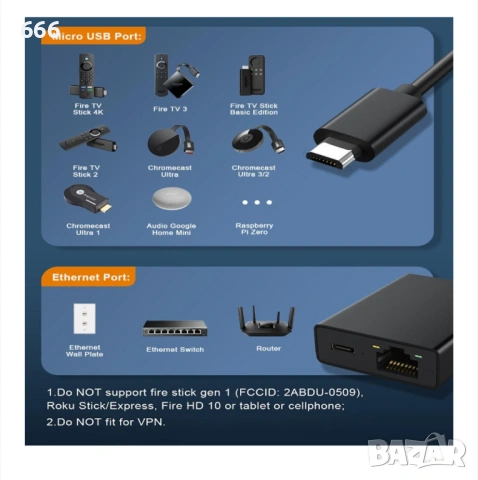 Ethernet USB адаптер Anchtek за Fire TV Stick, 100Mbps, Micro USB порт, LED индикатор, снимка 5 - Друга електроника - 53883670