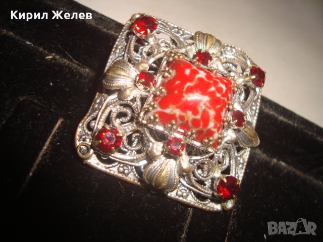 СКЪПОЦЕННА ПОСРЕБРЕНА ФИЛИГРАННА БРОШКА с КОРАЛОВ ЯСПИС и ФАСЕТИРАНИ ГРАНАТИ АРТ-ДЕКО 17641, снимка 10 - Други - 31308714