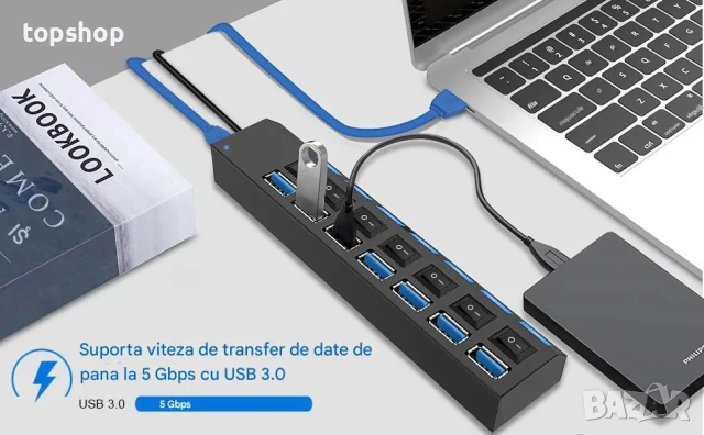 НОВ USB 3.0 хъб, 7 в 1, Малък и преносим, 7 порта, за пътуване, офис, дома, OUYLAF, Черен, снимка 3 - Кабели и адаптери - 50542392