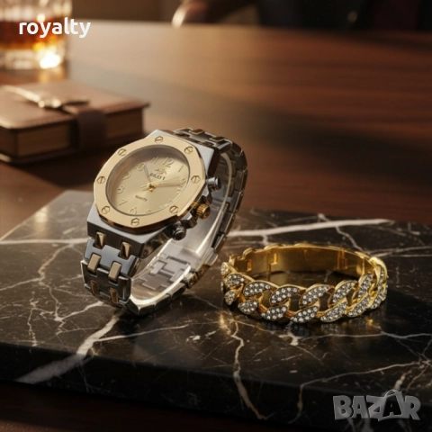 Модерен унисекс часовник със златист циферблат и блестяща гривна, снимка 2 - Бижутерийни комплекти - 52122391