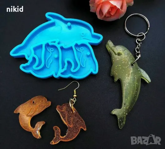 Делфин делфини плитък силиконов молд форма висулка обеци ключодържател смола, снимка 3 - Форми - 49639926