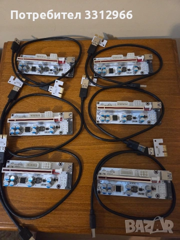 6 броя PCI-E Riser карта (удължител), предназначена основно за копаене на криптовалути (mining)