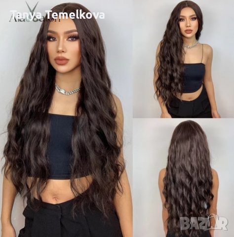Дълга на вълни тъмно кафява перука без бретон