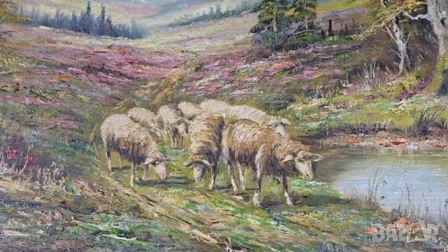 Стара картина на пейзаж с овце край малко езеро, снимка 2 - Картини - 52672648