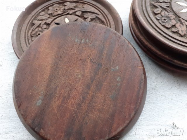 Стари дървени подложки за чаши дърворезба и седеф, снимка 5 - Антикварни и старинни предмети - 38999974
