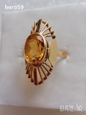 Дамски златен пръстен 14к с цитрин,арт деко, снимка 2 - Пръстени - 47999366