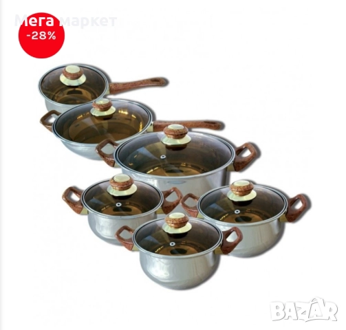 КОМПЛЕКТ МЕТАЛНИ ТЕНДЖЕРИ - СТЪКЛЕН КАПАК - кафяво стъкло, снимка 2 - Съдове за готвене - 52370096