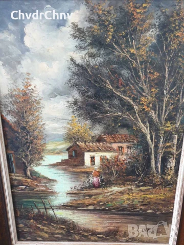 80х68см/голяма картина масло върху платно/горски пейзаж/къщи-река-дървета/дървена рамка, снимка 2 - Картини - 50852750