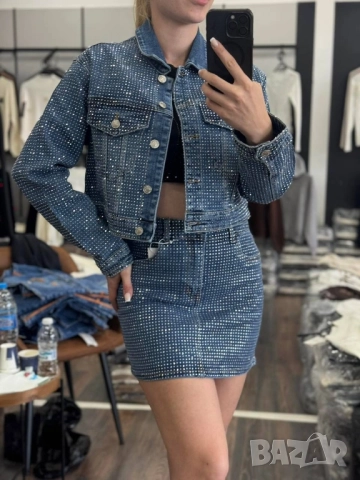 дамски комплекти яке и пола деним с камъни 