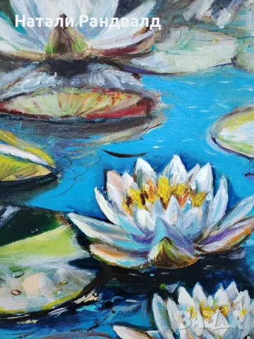 Оригинална маслена картина "Nymphaea: Azure Waters" / Ръчна изработка, снимка 6 - Картини - 56233652