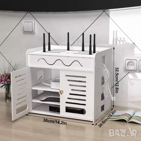 Органайзер шкаф за Wi-Fi рутер и кабели – 3 нива, бял дизайн, снимка 5 - Други стоки за дома - 51947546
