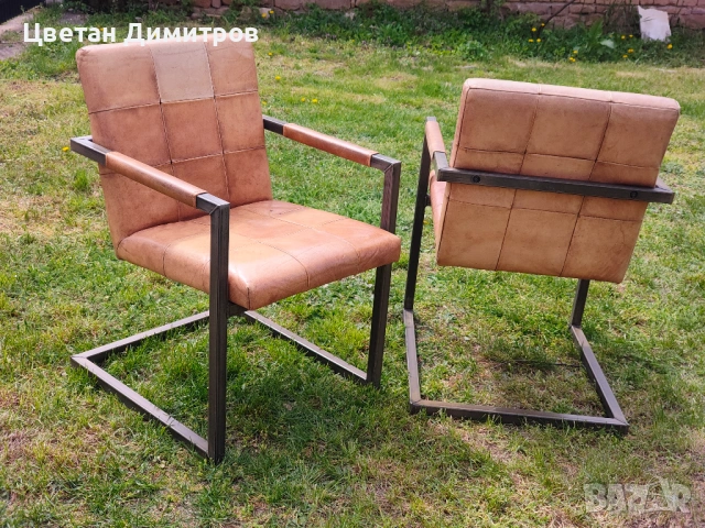 Конзолен трапезен стол в ретро индустриален стил, изработен от естествена кожа и метал. , снимка 2 - Столове - 54179904