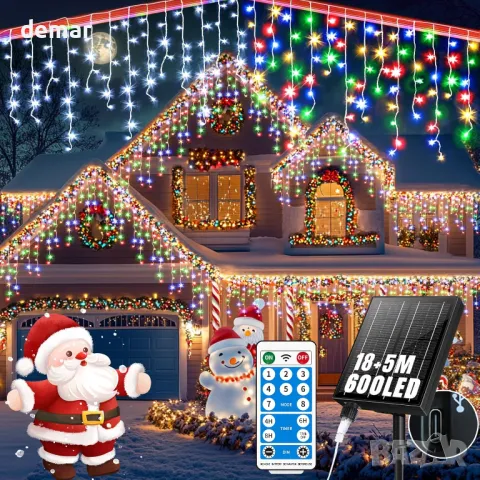 RJEDL Външни соларни коледни лампички-ледени висулки, 18+5 метра 600 LED, с USB порт и дистанционно, снимка 1