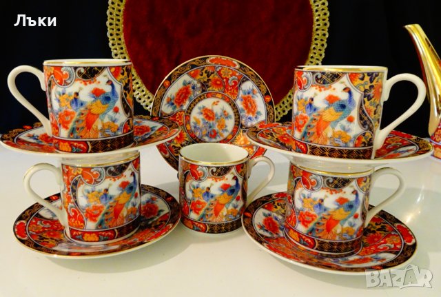 Чаша с чиния японски порцелан Eiwa Kinsei,злато,пауни. , снимка 10 - Антикварни и старинни предмети - 37925311