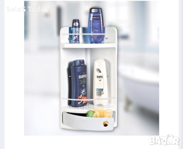 Ъглов рафт за баня, бяла етажерка със сиво чекмедже, Пластмаса 