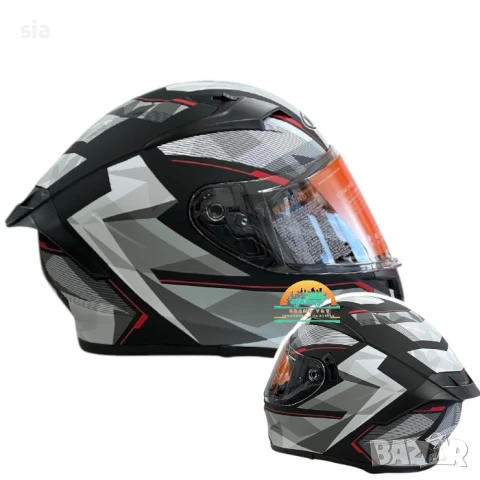 Каска за мотор, Мото шлем, очила и визьор, 4 размера, Сива с червен кант