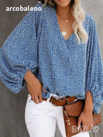 Дамска ежедневна риза с щампован фенерски ръкав с V-образно деколте, 9цвята , снимка 8 - Ризи - 42039048