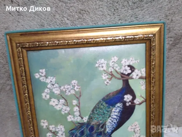 Картина Кралски Паун с инкрустирани кристалчета върху кожено платно нова 29х38см  и 217х302мм, снимка 2 - Картини - 48513408