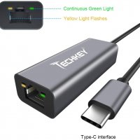 Techkey  USB Type C LAN адаптер 10/100/1000 Mbps, USB to RJ45 Ethernet, ASIX 88179, снимка 3 - Мрежови адаптери - 35462234