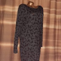  L Сива рокля на Черни цветя с дълъг ръкав, снимка 2 - Рокли - 35364622