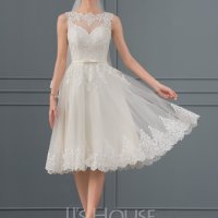 Сватбена рокля от тюл с А-силует илюзия до коляното с лъка(и), снимка 3 - Сватбени рокли - 36687033