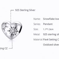 Талисман за гривна Пандора сърце със снежинки Snowflake Love сребро s925 модел 005, снимка 2 - Гривни - 34479086