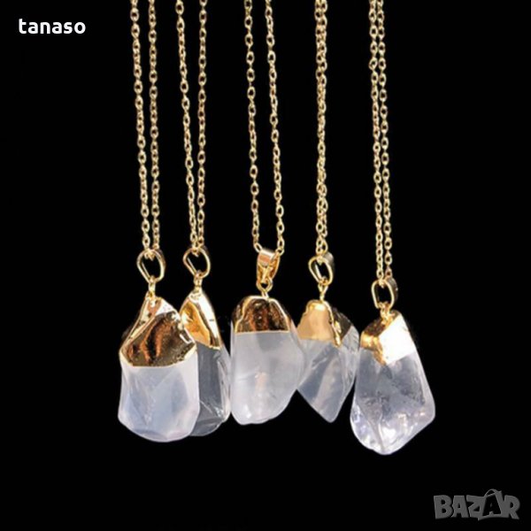 Колие шлифован бял кварц в позлатен обков, снимка 1