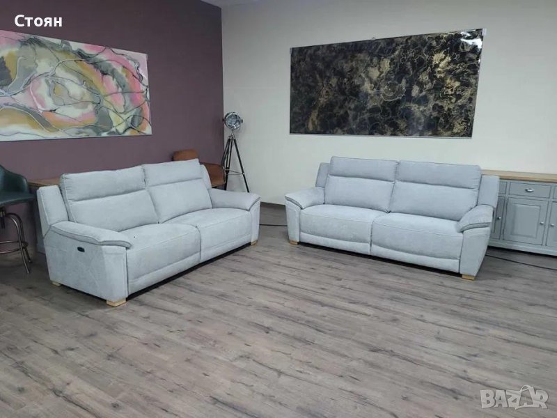 Комплект светло сиви дивани от плат две тройки, снимка 1