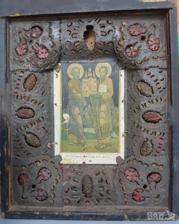 Голяма антична дървена икона с метален обков, снимка 1