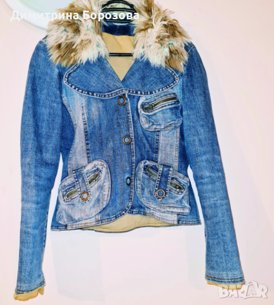 Вталено дънково яке с пухена яка , снимка 1