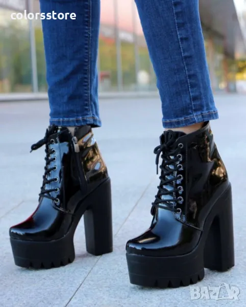 Боти на ток - черен лак с черно ходило - 591, снимка 1