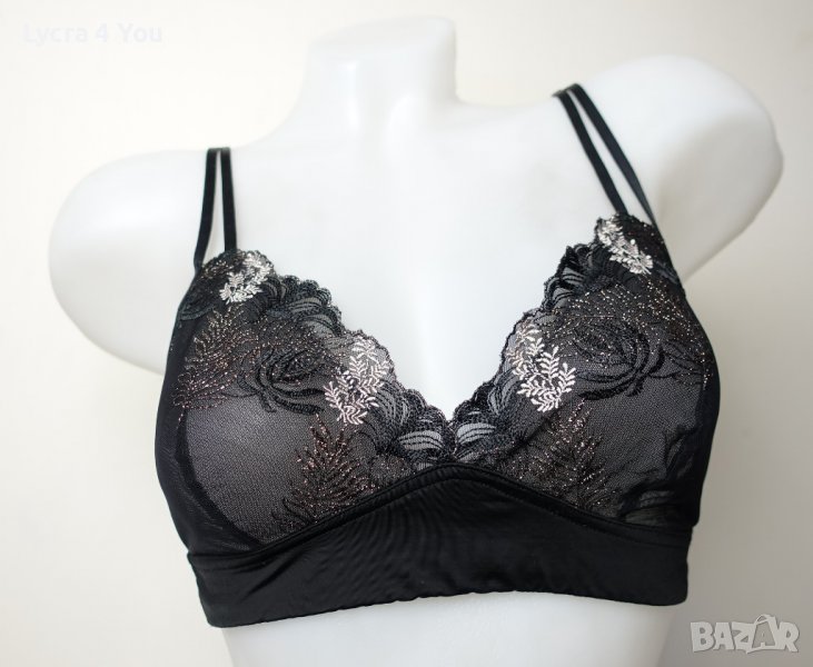 70 В черен сутиен с меки чашки с прозрачност и бродерии, снимка 1