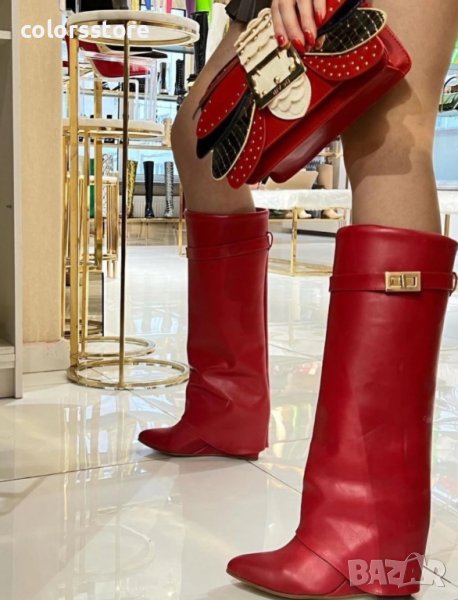 Ботуши на платформа - червена кожа - K-40, снимка 1