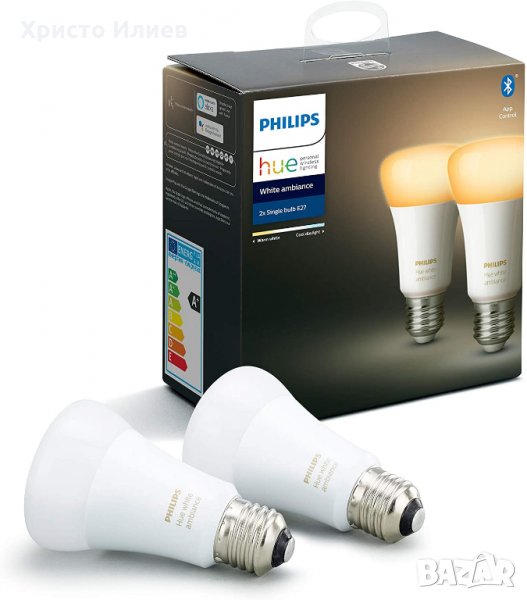Philips Hue Ambiance Smart LED Крушка 2бр. Е27  2700К-6400К с Bluetooth 8,5W=60W, снимка 1