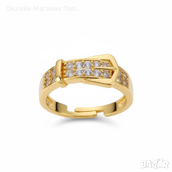 Дамски пръстен от неръждаема стомана, позлатен, с цирконий – дизайн „колан“, регулируем, снимка 1