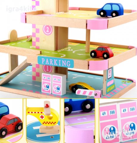 Голям дървен паркинг на 4 нива с дървени колички и хеликоптер, снимка 3 - Влакчета, самолети, хеликоптери - 35117907