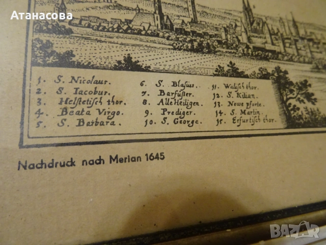 Стара немска гравюра на град Мюлхаузен през 1645 г картина, снимка 4 - Картини - 54002405
