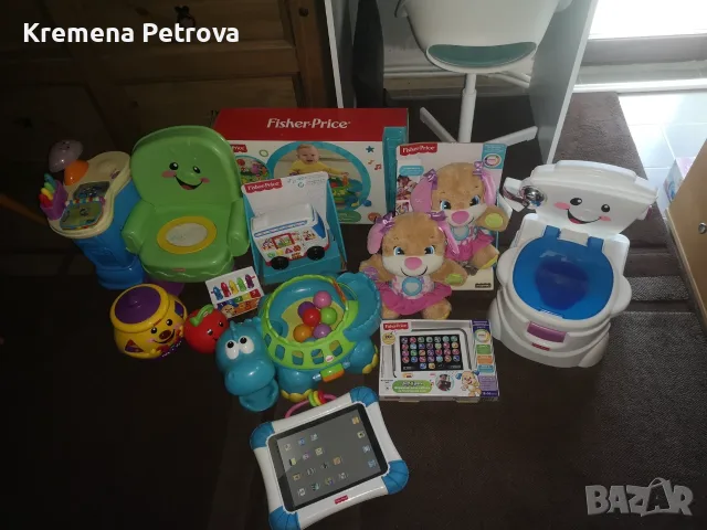 Fisher Price играчки - столче, автобус, таблет, кученаца, ябълка, гърне, динозавър