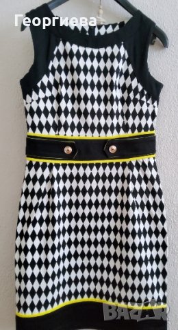 Черно-бяла рокля с жълти детайли, снимка 1