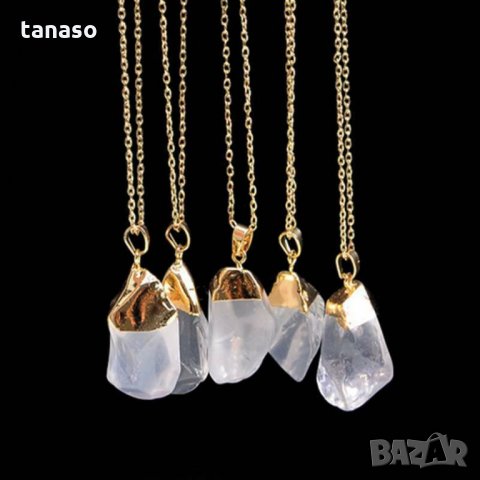 Колие шлифован бял кварц в позлатен обков